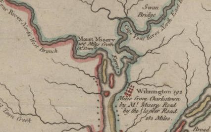 Detail from 1781 map showing Wilmington, Mount Misery and the two branches of the Cape Fear River. Peter Mallett's rice plantation was located on the peninsula marked "Ferry." Cape Fear River with the counties adjacent, and the towns of Brunswick and Wilmington, against which Lord Cornwallis, detached a part of his army, the 17th of January last, by John Lodge and John Bew (London, 1781). Courtesy, UNC-Chapel Hill Library. 
