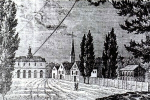 Etching of Fayetteville with the Old State House in the distance, ca. early 1800s. The building burned in the great fire of 1831. The original drawing on which this etching was based was said to have been drawn by a passerby and given to the Marquis de Lafayette on his visit to the town in 1825. Courtesy, N.C. Museum of History