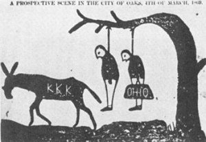 Cartoon in an Alabama newspaper threatening scalawags (the victim on the left) and carpetbaggers (on the right). "Scalawags" was a derogatory term for southern born whites that supported the Republican Party and Radical Reconstruction after the Civil War. Calvin Cox's enemies would have considered him a scalawag. From the <em>Independent Monitor</em> (Tuscaloosa, Ala.), Sept. 1868.