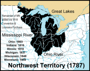 Map of the Northwest Territory in 1787 and the states that were later established out of it. The Northwest Territory is colored black. From Wikimedia Commons