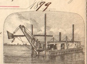 Detail of an American Dredging Co. stock certificate showing a dredge boat at work, 1899. 