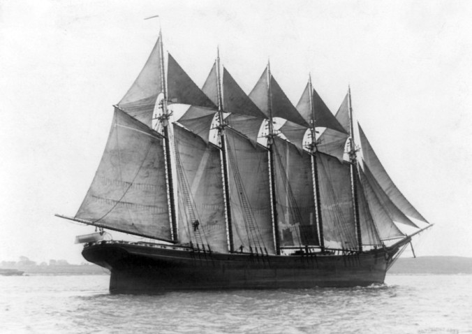 The Governor Ames was a good example of a lumber schooner, though her 5 masts was far from typical. On a voyage from Brunswick, Ga., to New York City in 1909, she wrecked off Cape Hatteras, all hands but one lost. From classicsailboats.org 