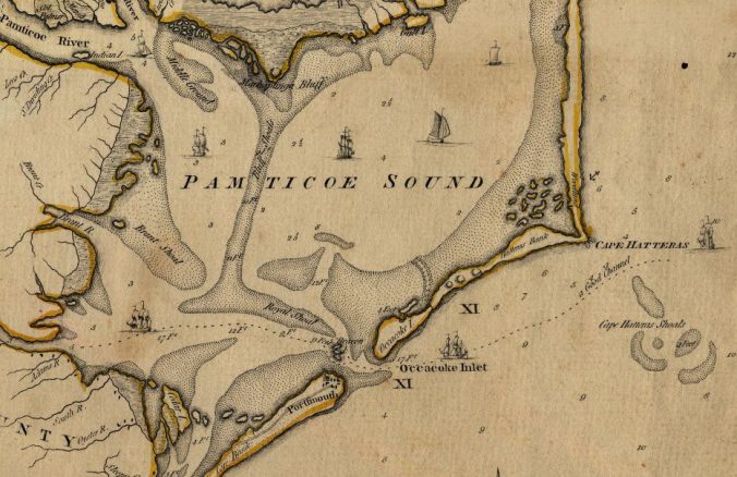 Ocracoke and vicinity, ca. 1775. Detail from Henry Mouzon and others, "An Accurate Map of North and South Carolina With Their Indian Frontiers...." Courtesy, State Archives of North Carolina